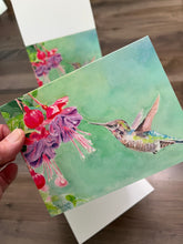 Load image into Gallery viewer, Hummingbird with fuschia, Notecards, pack of 3 - "Anna's Hummingbird"
