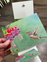 Load image into Gallery viewer, Hummingbird with fuschia, Notecards, pack of 3 - "Anna's Hummingbird"
