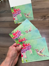 Load image into Gallery viewer, Hummingbird with fuschia, Notecards, pack of 3 - "Anna's Hummingbird"
