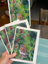 Load image into Gallery viewer, Sparrow on Holly Greeting Card - "Little Sparrow"