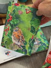 Load image into Gallery viewer, Sparrow on Holly, Notecards, pack of 3 - "Little Sparrow"