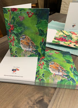 Load image into Gallery viewer, Sparrow on Holly, Notecards, pack of 3 - "Little Sparrow"