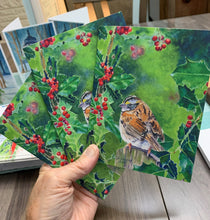 Load image into Gallery viewer, Sparrow on Holly, Notecards, pack of 3 - "Little Sparrow"