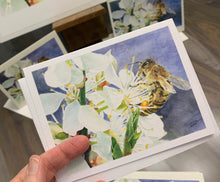 Load image into Gallery viewer, Honeybee on White Cherry Blossoms Notecards, "Buzz Worthy" - pack of 3