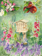 Load image into Gallery viewer, Bee house, apples, apple blossoms, hollyhocks and lavender wtih bees
