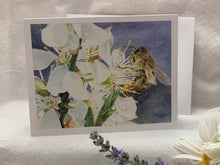 Load image into Gallery viewer, Honeybee on White Cherry Blossoms Notecards, "Buzz Worthy" - pack of 3