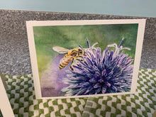 Load image into Gallery viewer, Honeybee on Purple Flower Greeting Card, "Tiny Steward"