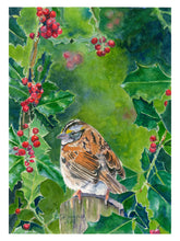 Load image into Gallery viewer, Sparrow on Holly, Notecards, pack of 3 - "Little Sparrow"