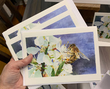 Load image into Gallery viewer, Honeybee on White Cherry Blossom Greeting Card, "Buzz Worthy", printed on card