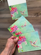 Load image into Gallery viewer, Hummingbird with fuschia, Notecards, pack of 3 - &quot;Anna&#39;s Hummingbird&quot;
