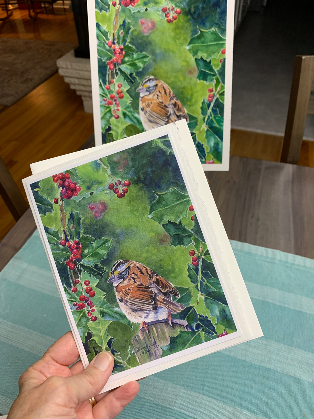 Sparrow on Holly Greeting Card - 