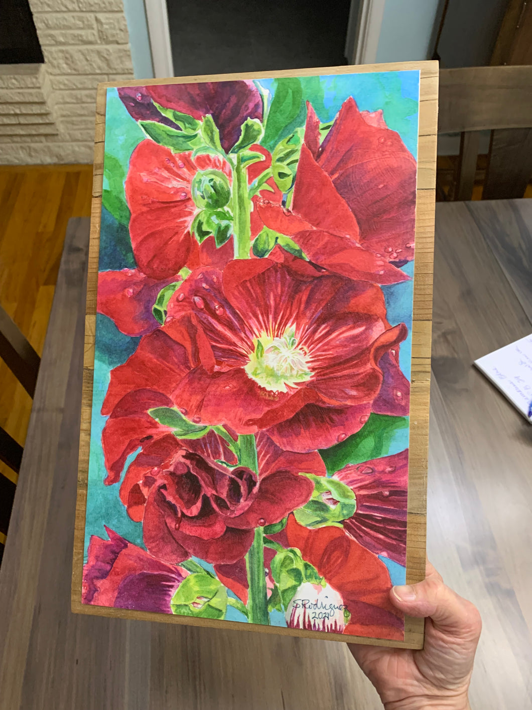 Red Hollyhocks Print, mounted on repurposed board