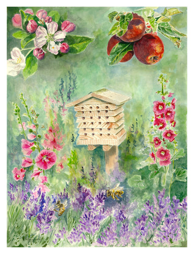 Bee house, apples, apple blossoms, hollyhocks and lavender wtih bees