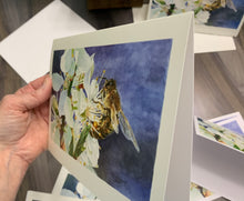Load image into Gallery viewer, Honeybee on White Cherry Blossom Greeting Card, &quot;Buzz Worthy&quot;, printed on card
