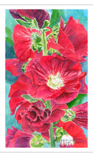 Load image into Gallery viewer, Red Hollyhocks Print, mounted on repurposed board
